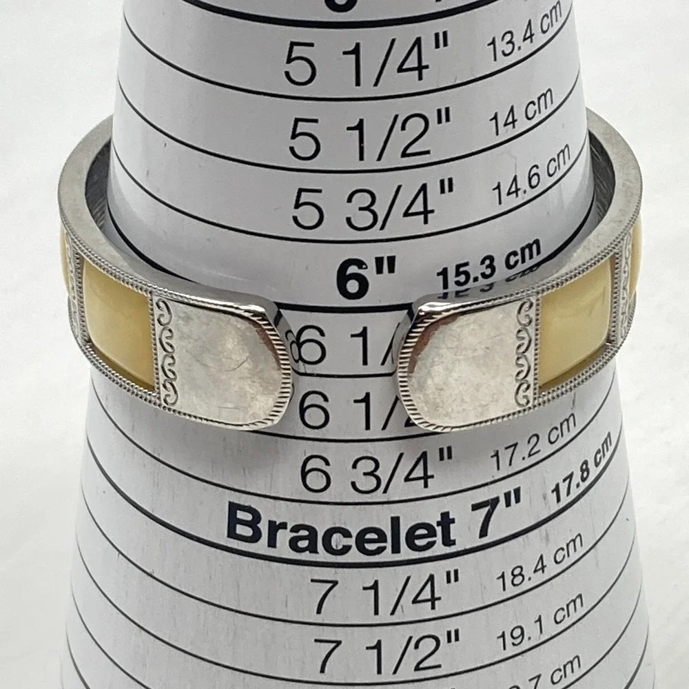 Studio Time Watch Women 32mm Silver Tone Yellow MOP Inlay Cuff Bling New Battery